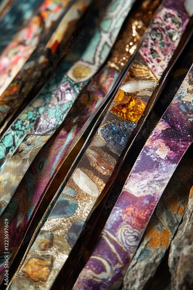 Aufkleber a collection of colorful ribbons with various patterns and textures. the ribbons are arranged in a w
