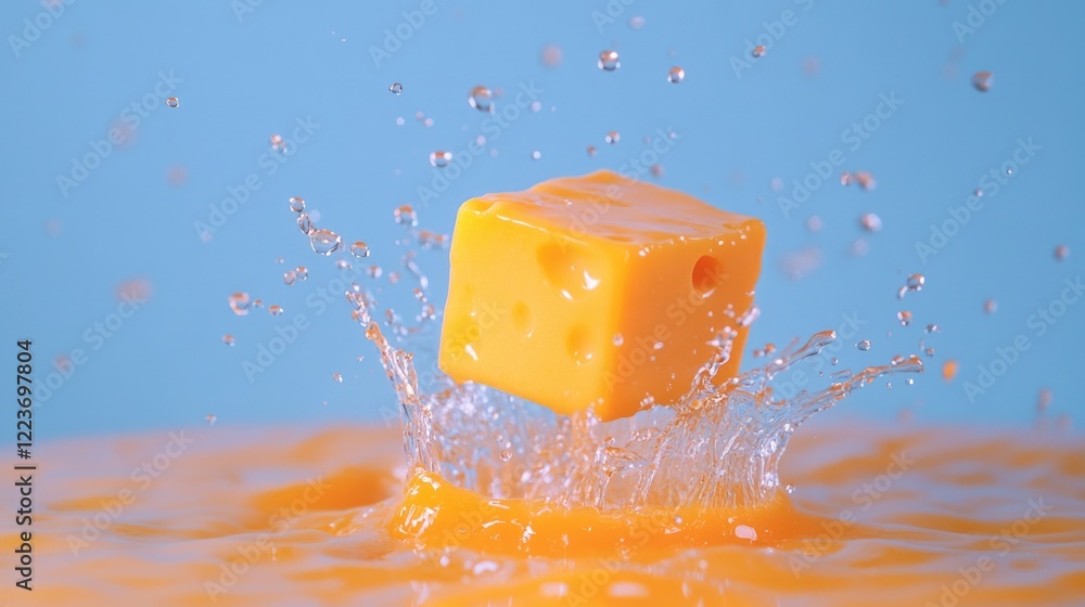 Aufkleber a yellow cheese block is floating in a splash of water. the splash is large and the cheese block is 