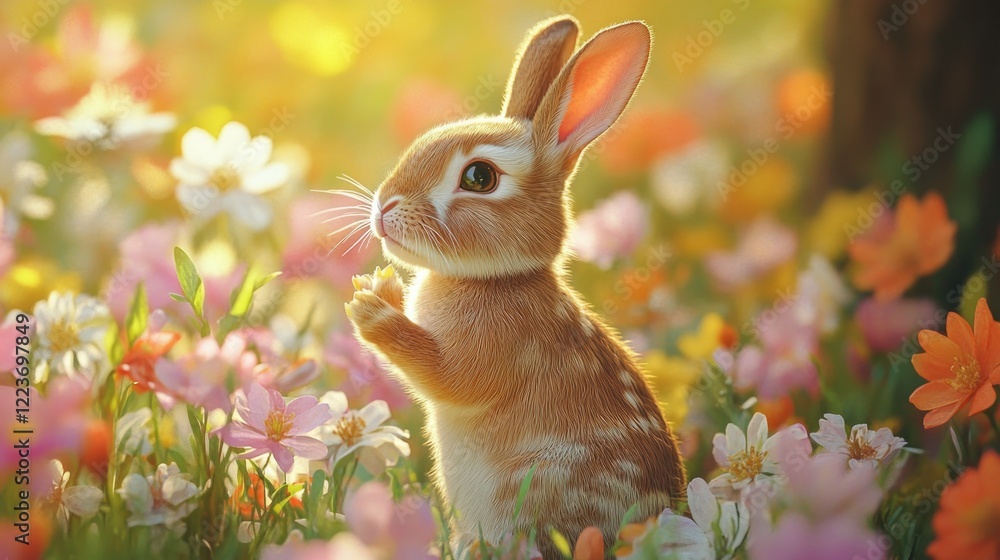 Poster a rabbit is standing in a field of flowers. the rabbit is small and brown, and it is looking up at t