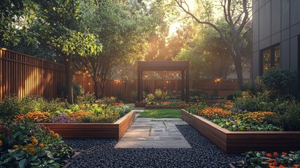 Obraz premium Sunlit urban garden, tranquil patio, morning, plants, design
