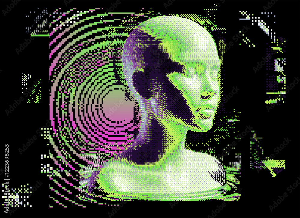 Poster Distorted and disintegrated image of human face made of pixel particles. Retrofuturistic vector illustration for tech and programming themes.