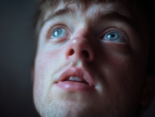 Obraz premium A man with blue eyes and a beard is staring at the camera. The image has a moody and mysterious feel to it