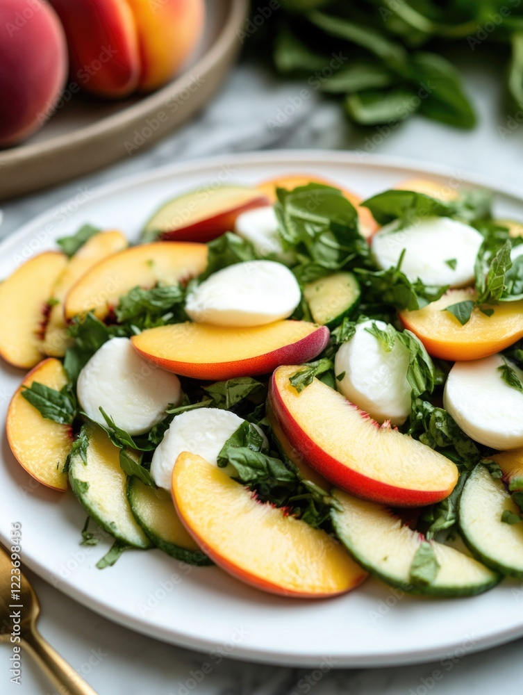 Poster a plate of fruit salad with a few pieces of peach and a few pieces of cucumber. the plate is set on 
