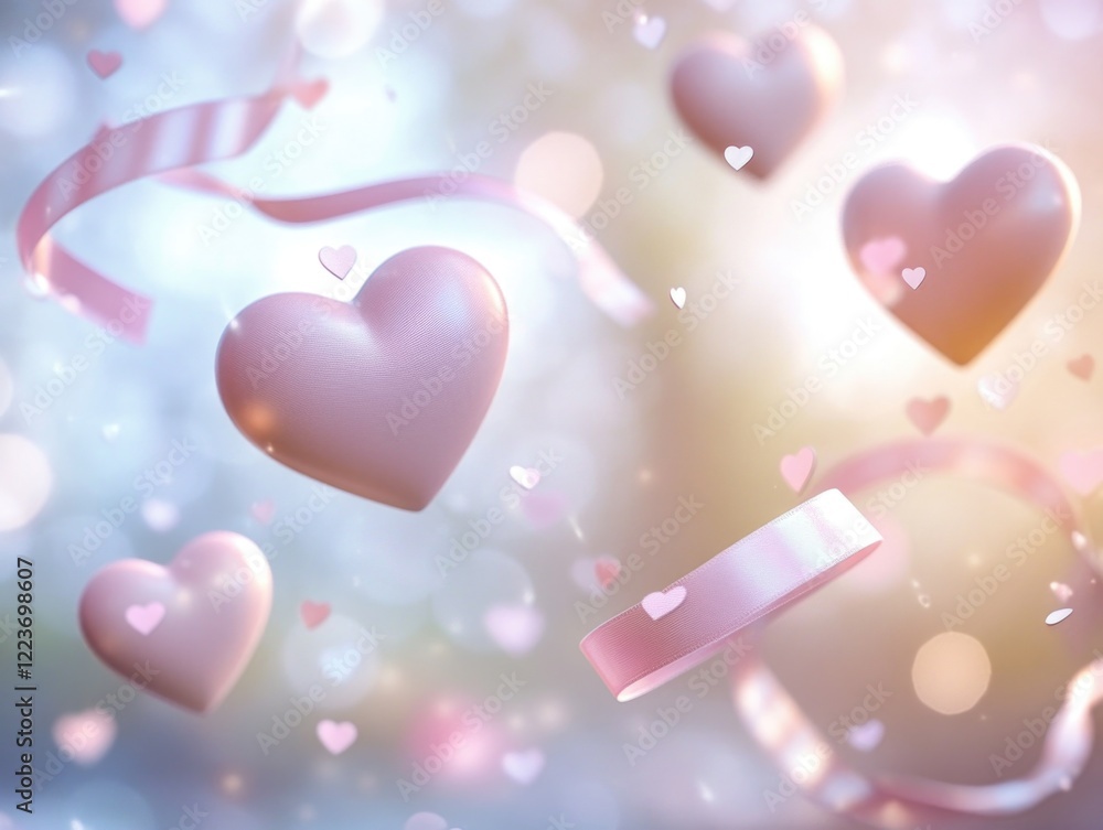 Poster a ribbon with pink hearts is floating in the air. the ribbon is tied in a way that it looks like it'
