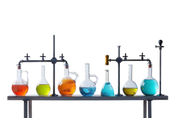 Colorful array of laboratory glassware showcasing chemistry experiments with vibrant liquids in various flasks against a sleek backdrop isolated on transparent background