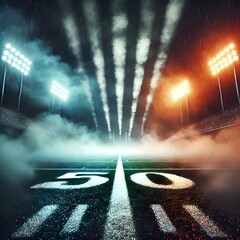 Atmospheric Night Football Field with Dramatic Lighting and Fog Background - Vibrant 50-Yard Line View in a Rainy Stadium Setting