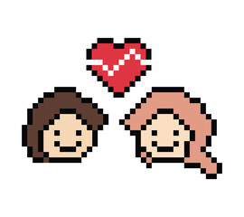Cute pixel cartoon 8bit character couple together feel love happy heart soulmate relationship decoration 8 bit couple in love valentine day game isolated PNG vector.