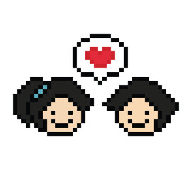 Cute pixel cartoon 8bit character couple together feel love happy heart soulmate relationship decoration 8 bit couple in love valentine day game isolated PNG vector.