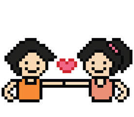 Fototapeta premium Cute pixel cartoon 8bit character couple together feel love happy heart soulmate relationship decoration 8 bit couple in love valentine day game isolated PNG vector.