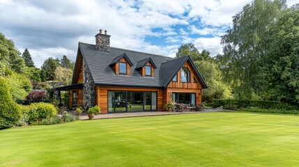 Modern wooden house, lake view, lush garden, sunny day, real estate listing