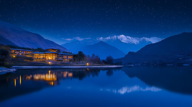 Starry night reflections: a serene mountain lagoons tranquility. Starry Lagoon. Illustration