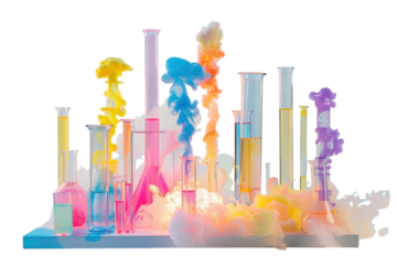 Colorful chemical experiment with vibrant smoke and glassware in a laboratory setting under soft lighting isolated on transparent background