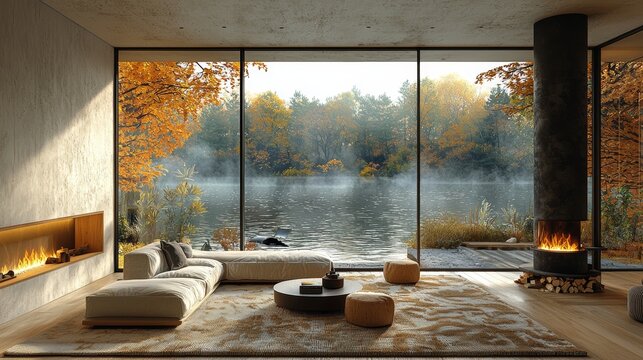 Scenic fall lake fireplace in an interior room background for an online webinar virtual meeting; ideal for retirement home office setup with a computer desk, featuring water and trees visible through