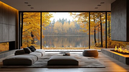 A picturesque scene of Fall trees and a serene retirement lake with vibrant Autumn foliage. Within the setting of an Online webinar presentation, a team convenes in a home office, enjoying a virtual