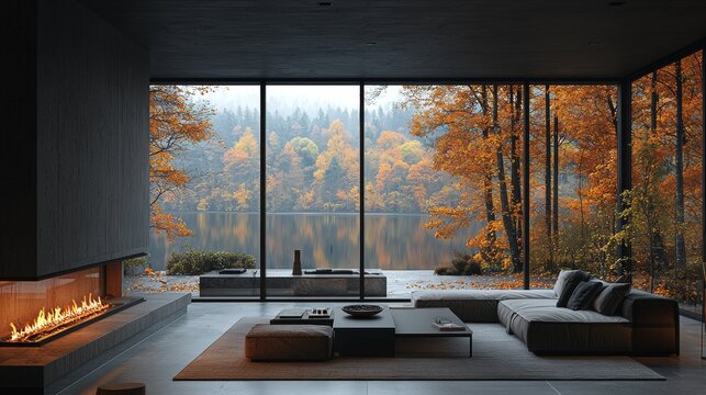 An online webinar virtual meeting background showing a beautiful scenic fall lake and a cozy fireplace in an interior room, suitable for a retirement home office with a computer desk. The view from