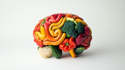 A surreal combination of a human brain intertwined with colorful fruits and vegetables, set against a plain white background, Surrealist style