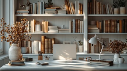 A virtual meeting for teams is held in a home office and library study room, adorned with a computer desk and bookshelves, with a white bookshelf in the background, making it perfect for video calls