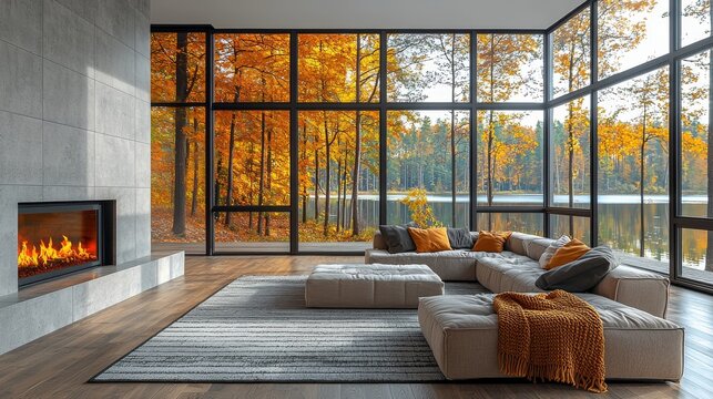 Scenic Fall trees and a retirement lake as a backdrop featuring colorful Autumn leaves. Inside an Online webinar presentation, teams are meeting in a home office with a fireplace as the virtual