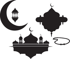Ramadan and Eid Symbols: Mosque, Crescent Moon, Lanterns, Dates, and Prayer Rug Silhouettes