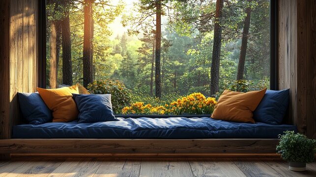 Scenic forest room background for online webinars and virtual meetings, featuring an interior home office study with a window view of trees and forest, ideal for team video calls as a backdrop