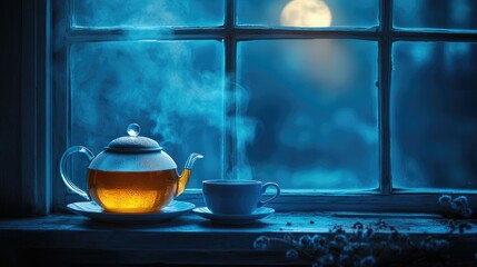 Moonlit night, steaming tea, windowsill, tranquility, relaxation, calm, peaceful atmosphere, for websites or blogs