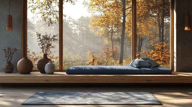 Background for online webinars and virtual room meetings: a scenic forest room with a home office study set-up and a window view of trees and forest, perfect for team video calls