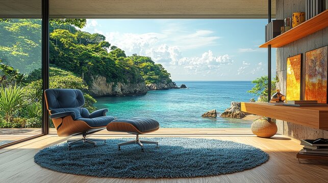 Online webinar meeting backdrop featuring a scenic beach ocean view, complete with a retirement home office and a computer desk in a study room visible through a window, ideal for video calls