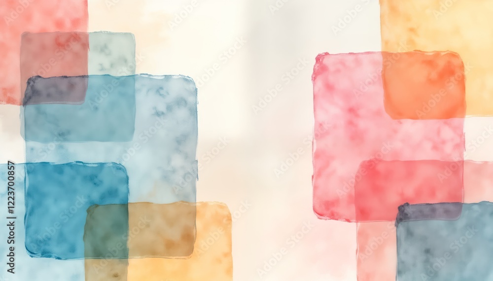 Aufkleber Abstract design with soft pastel squares, rectangles. Watercolor texture blends gently creating serene, harmonious aesthetic. Colourful shapes create modern, stylish background design. Muted colours,