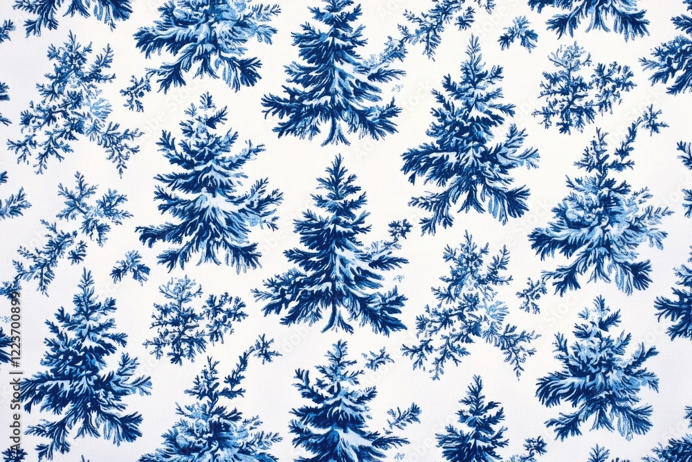 Poster a blue and white pattern of trees is displayed on a white background. the trees are depicted with sn