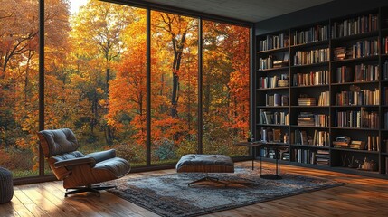 An online webinar room with a picturesque bookshelf background, suitable for a virtual meeting or home office setup. The scene features a fireplace and vibrant autumn tree views through the windows,