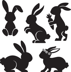 Silhouettes of Cute Easter Bunnies in Various Poses Isolated on White Background