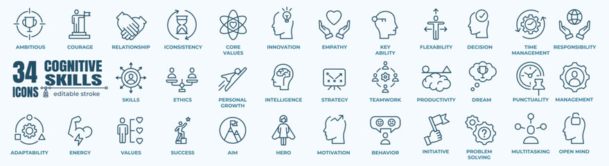 Soft and Cognitive Skills line editable icon set. Contains such Icons as Core Values, Empathy, Success,  Punctuality and more.