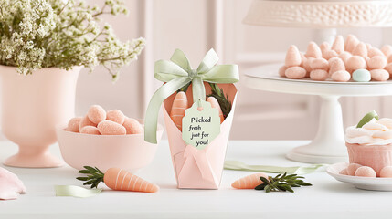 Colorful carrot-shaped candy gift bag adorned with green ribbon and a heartfelt tag