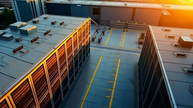 Rows of server racks on a rooftop at sunset