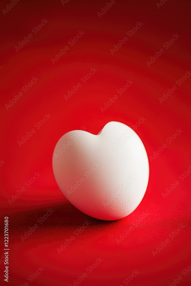 Poster a white egg with a heart shape on a red background. the egg is placed on a table or a surface