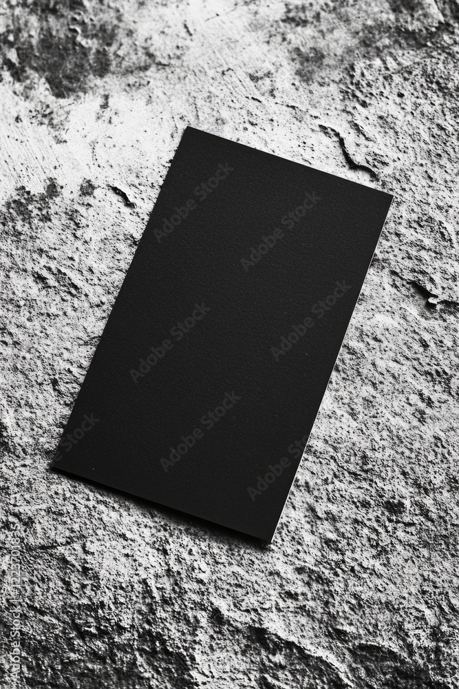 Poster a black card is sitting on a grey stone surface. the card is empty and has no writing on it. concept