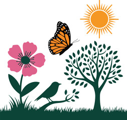 Colorful Nature Illustration with Tree, Flowers, Butterfly, Bird, and Sun