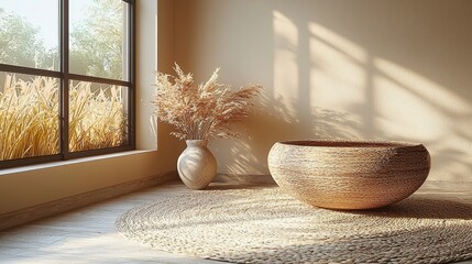 Plant Flowers in Vase Wallpaper Background Template for Mental Health and Healing with a Heartfelt Touch, Incorporating Wooden Furniture in a Home Interior Design that Embraces Minimalistic Zen and