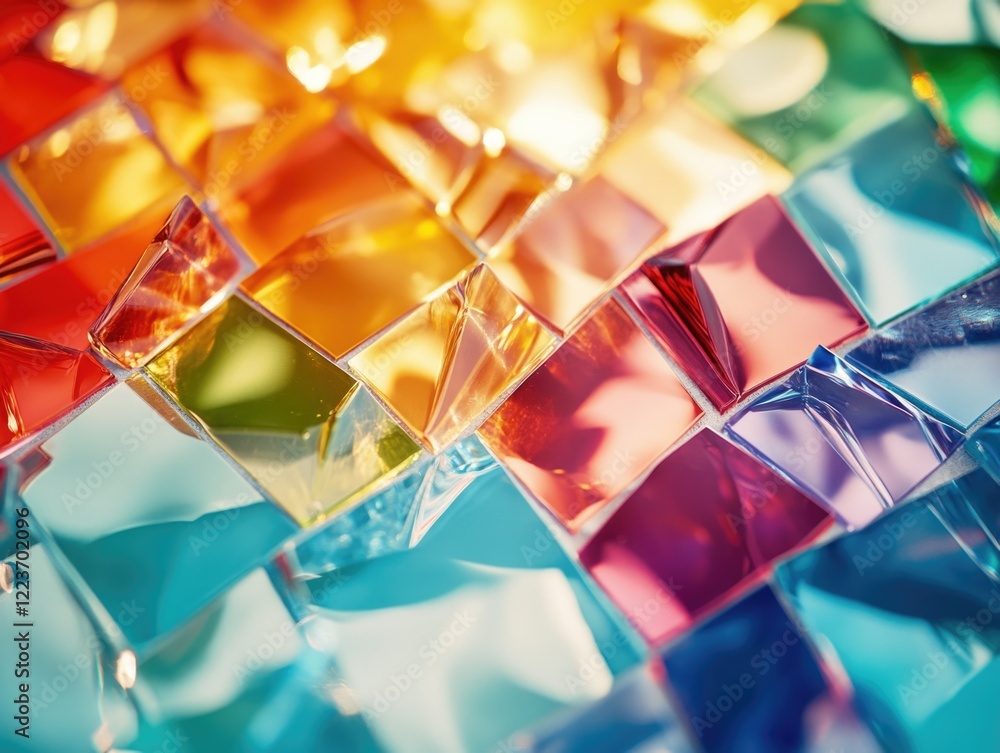 Poster a colorful mosaic made of glass pieces. the colors are bright and vibrant, creating a sense of energ