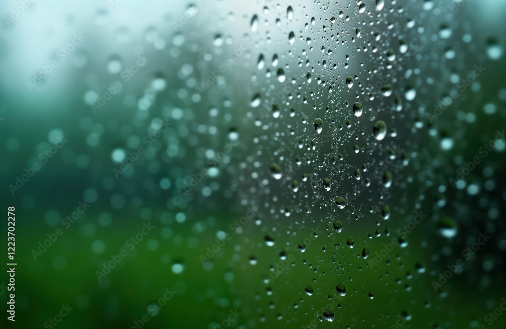 Fototapete raindrops on glass create unique pattern. rain drops clustered on transparent surface. green blurred