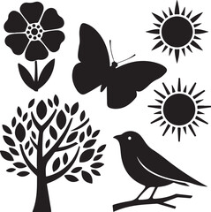 Nature Silhouettes: Tree, Flower, Bird, Butterfly, Grass, and Sun Illustration