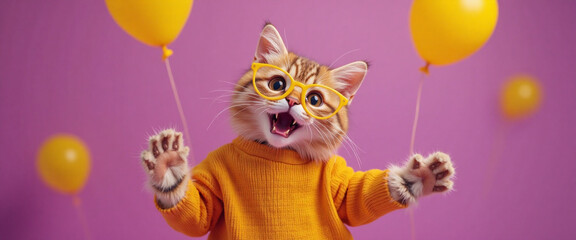 Fototapeta premium horizontal bright poster Funny cat in yellow glasses and yellow sweater with yellow balloons dancing on purple background, party and fun concept.