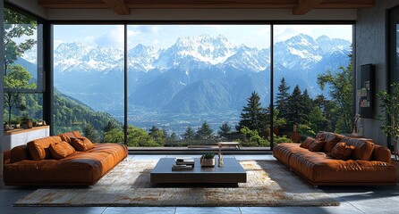 Luxurious warm living room adorned with two brown leather couches, a sofa table, and potted plants. The room boasts an incredible view of the mountain landscape through its window. It is currently