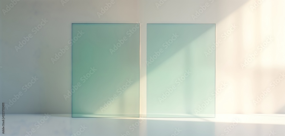 Poster empty light-green glass panels against a pale beige wall. modern simple business background. clean m
