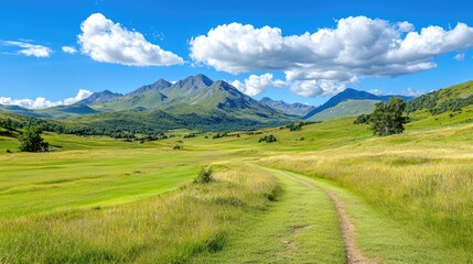 Obraz premium Winding path through green valley, majestic mountains, sunny day, idyllic landscape, perfect for travel brochures