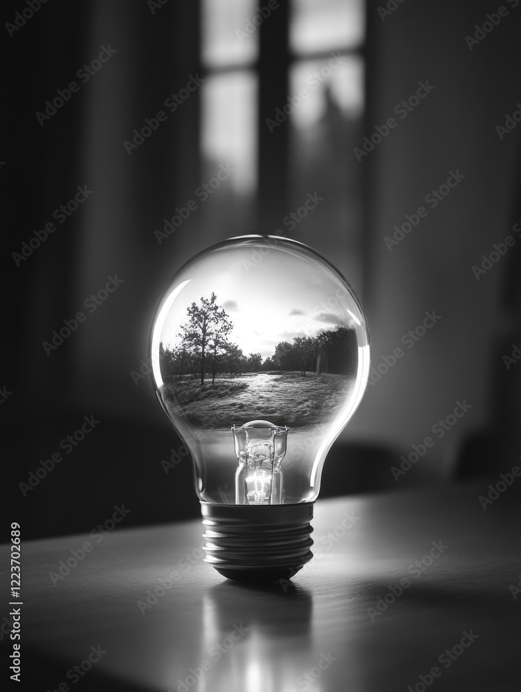 Aufkleber a light bulb is sitting on a table with a tree in the center of it. the light bulb is surrounded by 
