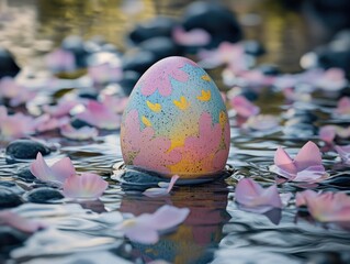 A colorful egg is floating in a pond with pink flowers. The egg is surrounded by pink petals, creating a serene and peaceful atmosphere