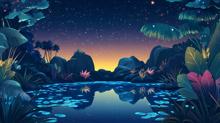 A fantastical landscape with bioluminescent plants and a reflective lagoon under a starry sky. Starry Lagoon. Illustration