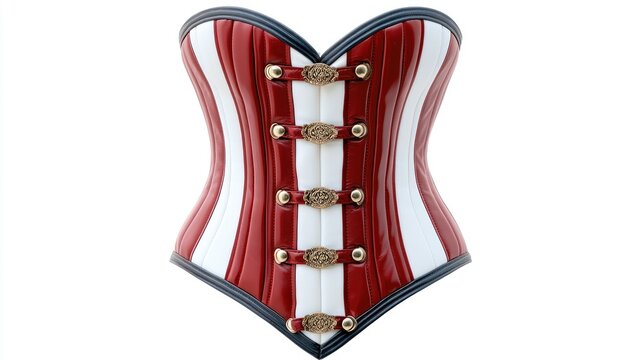Red and white striped underbust corset with metal clasps isolated on a white background.