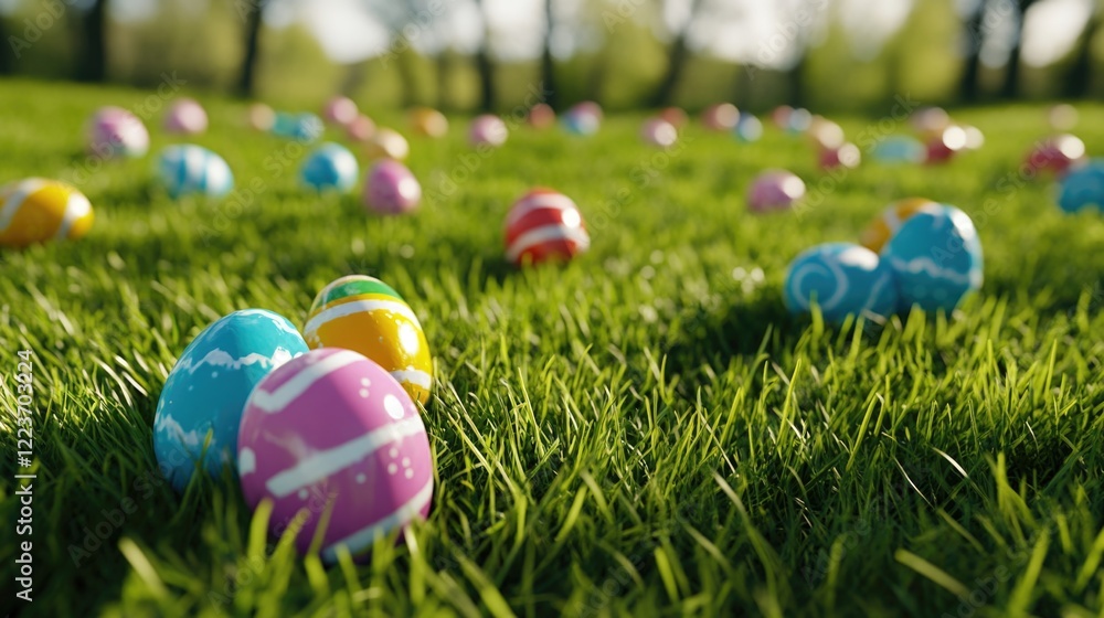 Aufkleber a field of grass with a bunch of colorful eggs scattered throughout. the eggs are of different color